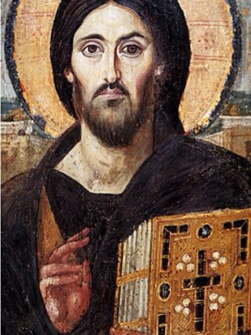 Hand-Painted Religious Icon Portrait with Gold Halo
